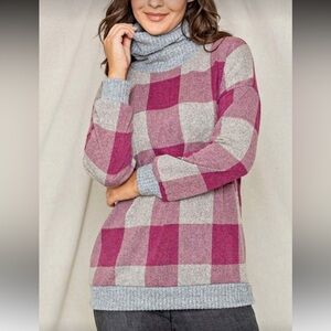 Chic Nation Pink and Gray Plaid Turtleneck